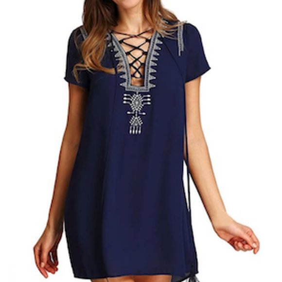 Milumia Women's Boho Lace Up Embroidered Dress M - Picture 2 of 3